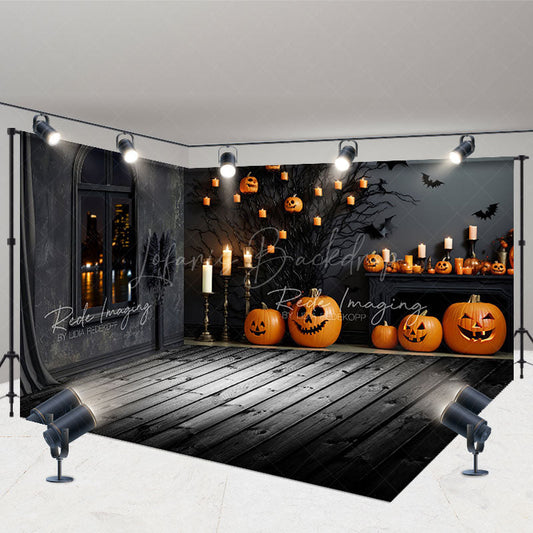 Lofaris Spooky Halloween Room Set Backdrop Haunted Fireplace with Jack O’ Lanterns Gothic Studio Photography Prop