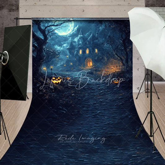 Lofaris Spooky Haunted Castle and Forest Halloween Sweep Backdrop with Full Moon Jack-o’-Lanterns Party Decor