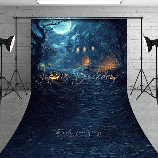 Lofaris Spooky Haunted Castle and Forest Halloween Sweep Backdrop with Full Moon Jack-o’-Lanterns Party Decor
