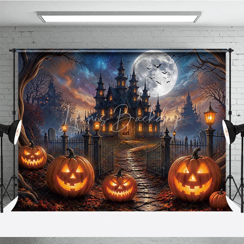Lofaris Spooky Haunted Castle Holiday Backdrop with Full Moon and Flying Bats Glowing Jack-o’-Lanterns Autumn Leaves