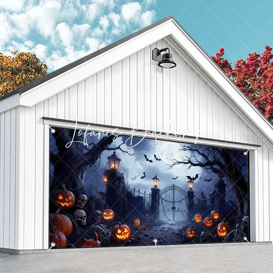Lofaris Spooky Haunted Gate with Jack-o’-Lanterns and Flying Bats Halloween Garage Door Banner Eerie Full Moon Decor