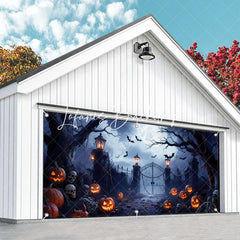 Lofaris Spooky Haunted Gate with Jack-o’-Lanterns and Flying Bats Halloween Garage Door Banner Eerie Full Moon Decor