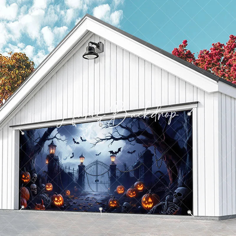 Lofaris Spooky Haunted Gate with Jack-o’-Lanterns and Flying Bats Halloween Garage Door Banner Eerie Full Moon Decor