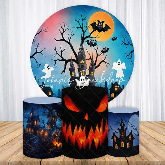 Lofaris Spooky Haunted House and Bats Halloween Round Backdrop Kit with Ghost Jack-o-Lantern Cylinder Covers