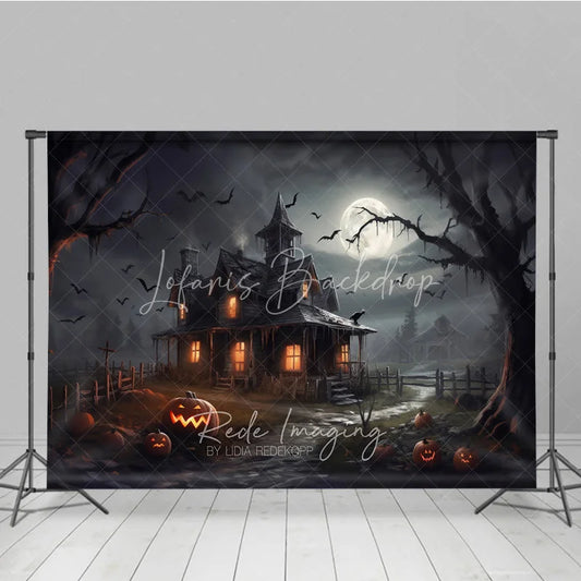 Lofaris Spooky Haunted House and Full Moon Halloween Holiday Backdrop with Flying Bats Jack-o’-Lanterns