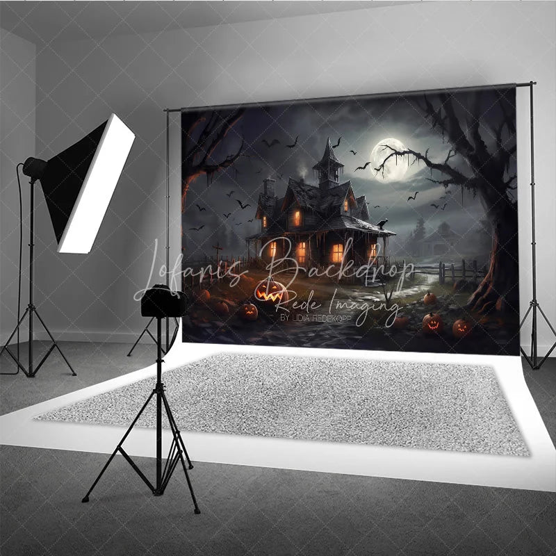 Lofaris Spooky Haunted House and Full Moon Halloween Holiday Backdrop with Flying Bats Jack-o’-Lanterns