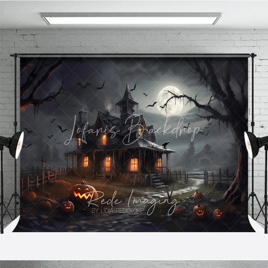 Lofaris Spooky Haunted House and Full Moon Halloween Holiday Backdrop with Flying Bats Jack-o’-Lanterns