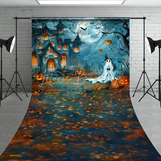 Lofaris Spooky Haunted House and Full Moon Halloween Sweep Backdrop featuring a Ghost Jack-o-Lanterns Autumn Leaves