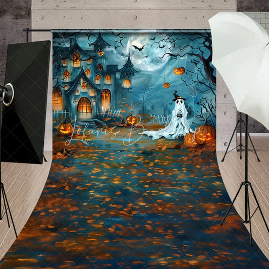 Lofaris Spooky Haunted House and Full Moon Halloween Sweep Backdrop featuring a Ghost Jack-o-Lanterns Autumn Leaves
