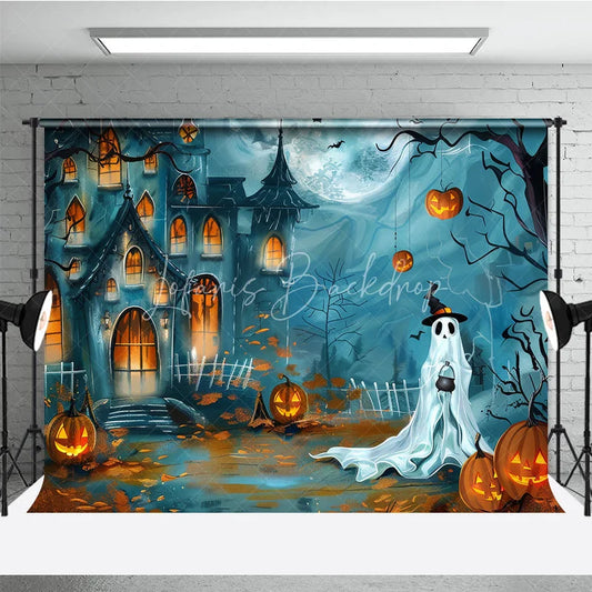 Lofaris Spooky Haunted House and Ghost Halloween Holiday Backdrop with Jack-O’-Lanterns Full Moon Night Scene