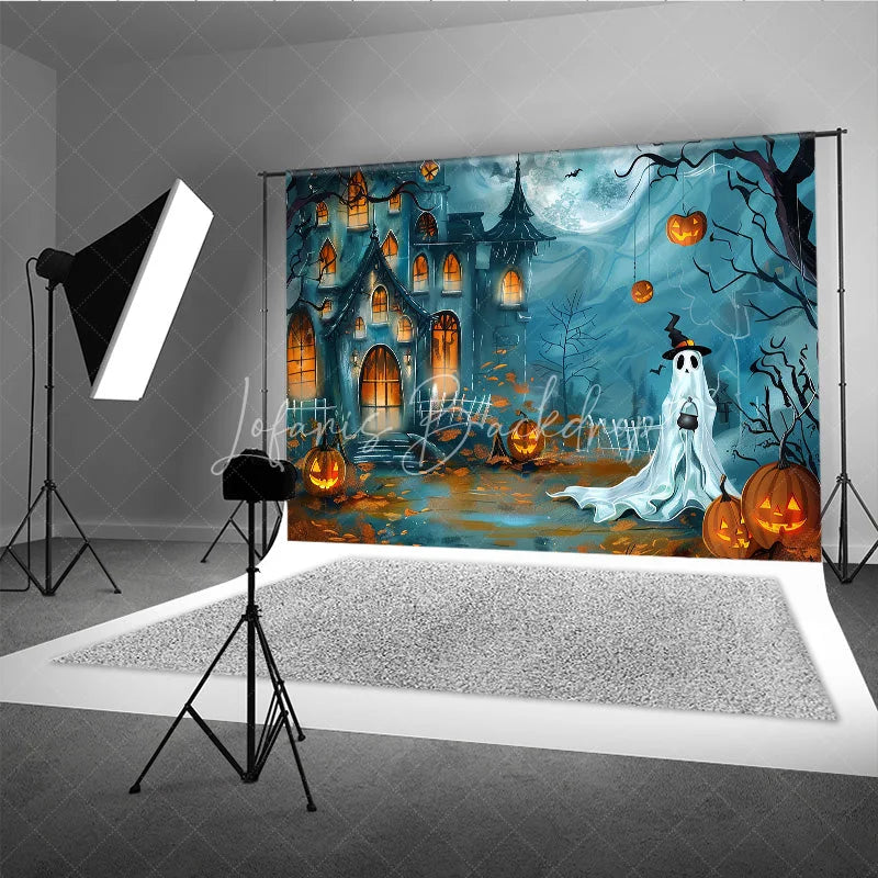 Lofaris Spooky Haunted House and Ghost Halloween Holiday Backdrop with Jack-O’-Lanterns Full Moon Night Scene