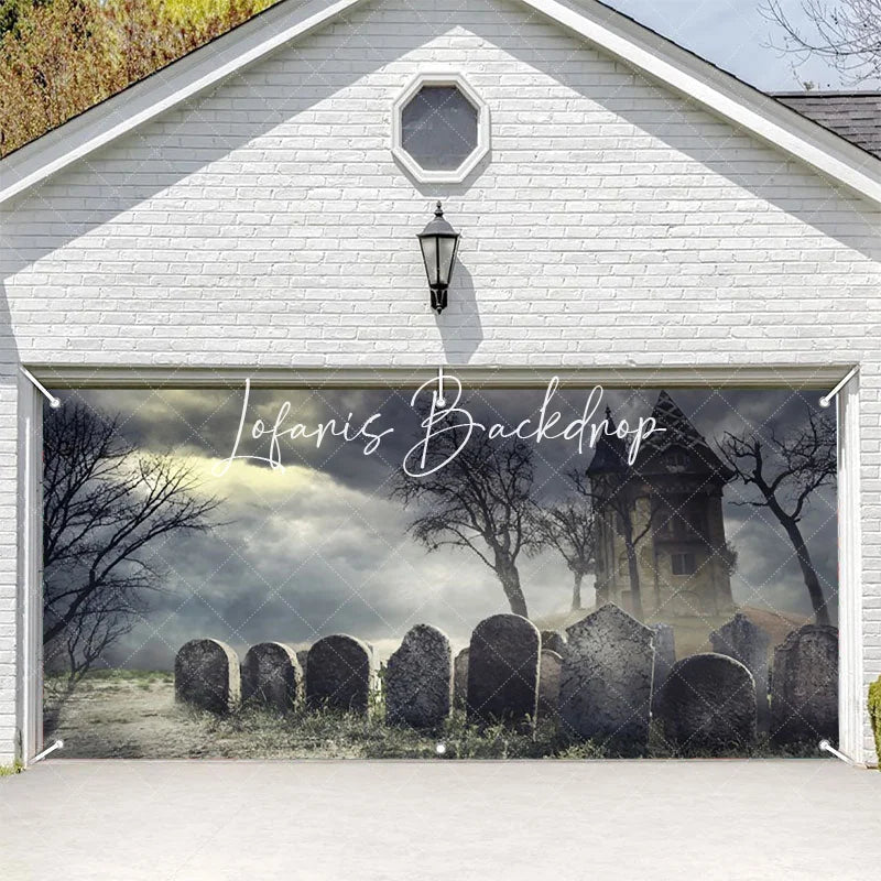 Lofaris Spooky Haunted House and Graveyard Garage Door Banner Eerie Halloween Decor with Bare Trees Stormy Sky
