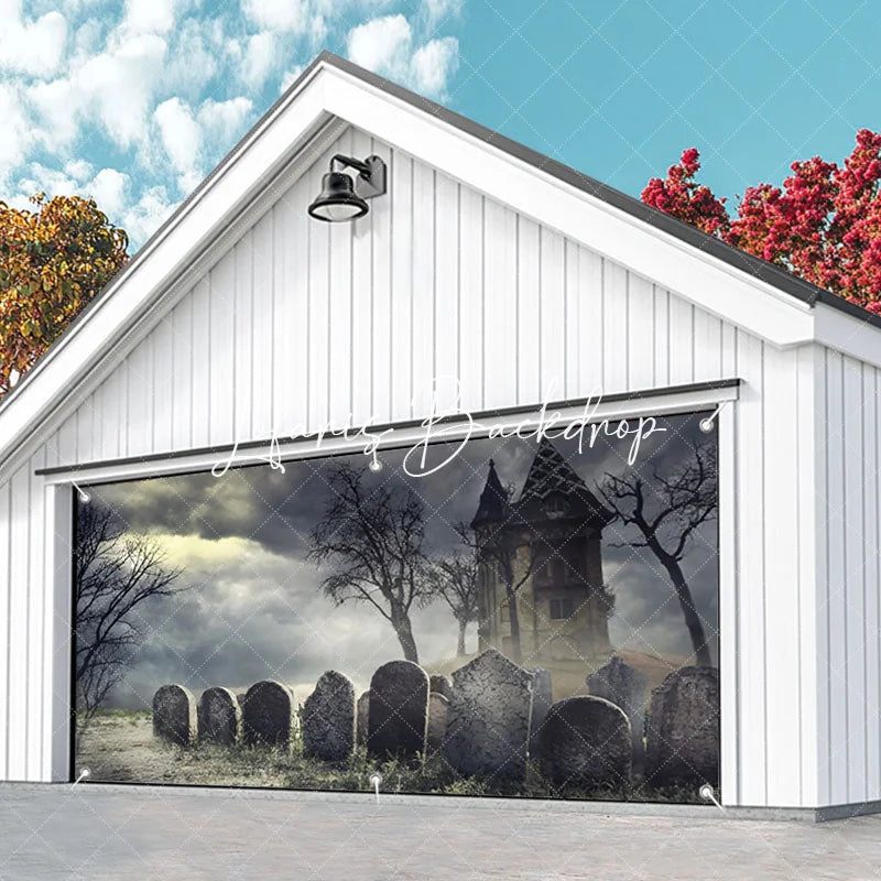 Lofaris Spooky Haunted House and Graveyard Garage Door Banner Eerie Halloween Decor with Bare Trees Stormy Sky