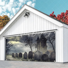 Lofaris Spooky Haunted House and Graveyard Garage Door Banner Eerie Halloween Decor with Bare Trees Stormy Sky