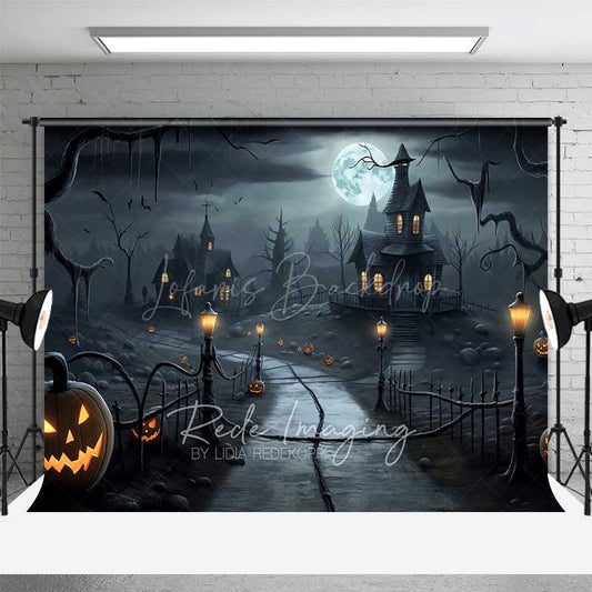 Lofaris Spooky Haunted House Photography Backdrop Creepy Village on a Full Moon Night Jack O’ Lanterns and Bats Decor