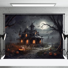 Lofaris Spooky Haunted House Photography Backdrop Full Moon and Bats on a Dark Night Halloween Photo Background