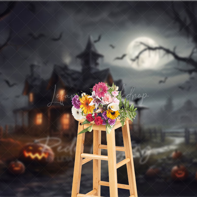 Lofaris Spooky Haunted House Photography Backdrop Full Moon and Bats on a Dark Night Halloween Photo Background