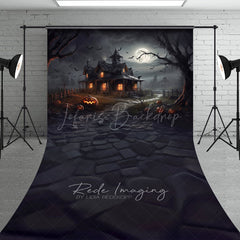 Lofaris Spooky Haunted House Sweep Backdrop Full Moon and Bats on a Dark Night Halloween Photo Studio Floor Drop