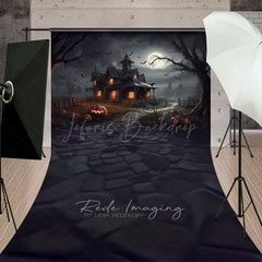 Lofaris Spooky Haunted House Sweep Backdrop Full Moon and Bats on a Dark Night Halloween Photo Studio Floor Drop