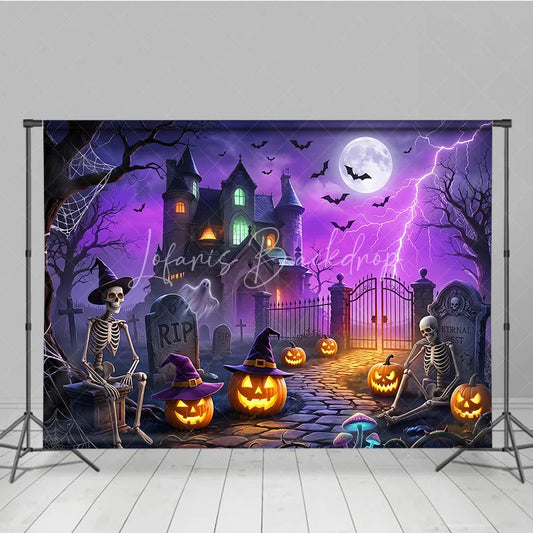 Lofaris Spooky Haunted Mansion Holiday Backdrop with Skeletons Jack-o’-Lanterns and a Glowing Full Moon