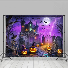 Lofaris Spooky Haunted Mansion Holiday Backdrop with Skeletons Jack-o’-Lanterns and a Glowing Full Moon