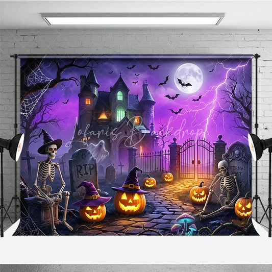 Lofaris Spooky Haunted Mansion Holiday Backdrop with Skeletons Jack-o’-Lanterns and a Glowing Full Moon
