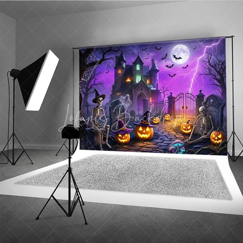 Lofaris Spooky Haunted Mansion Holiday Backdrop with Skeletons Jack-o’-Lanterns and a Glowing Full Moon