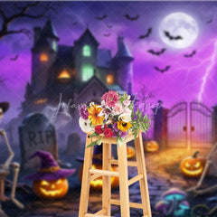 Lofaris Spooky Haunted Mansion Holiday Backdrop with Skeletons Jack-o’-Lanterns and a Glowing Full Moon