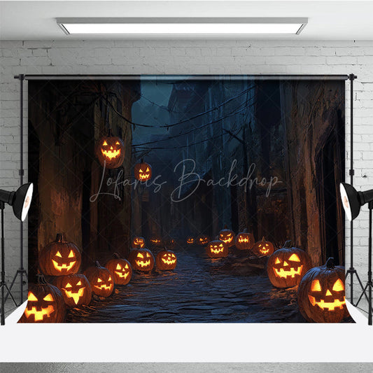 Lofaris Spooky Jack-o’-lantern Alley Photography Backdrop Dark Cobblestone Street Haunted Village Halloween Photos