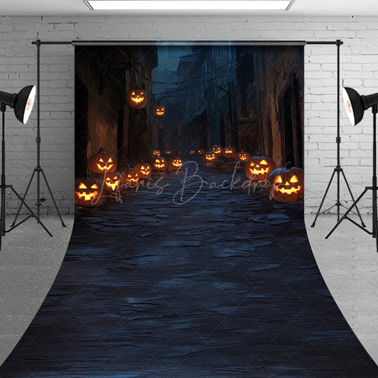 Lofaris Spooky Jack-o’-lantern Alley Sweep Backdrop Dark Cobblestone Street Haunted Village Halloween Photos