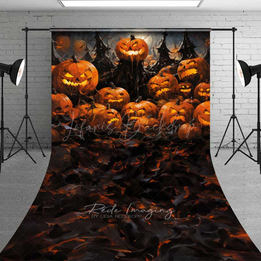 Lofaris Spooky Jack O’ Lantern Forest Sweep Photography Backdrop with Floor Evil Carved Pumpkins Haunted Halloween Photo Prop