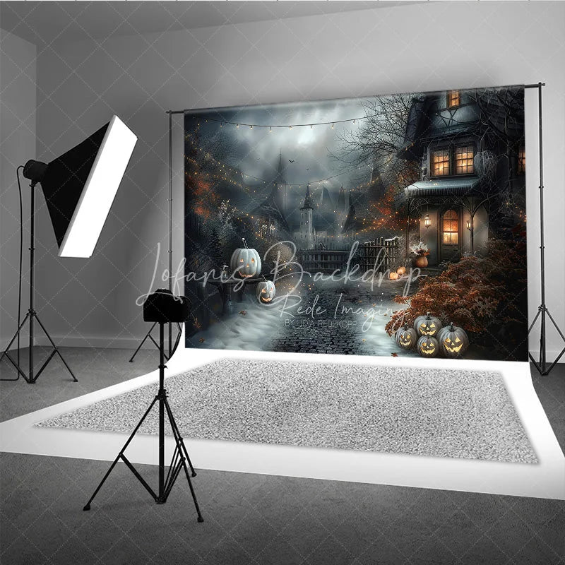 Lofaris Spooky Old House and Glowing Jack-o’-Lanterns Holiday Backdrop Enchanting Halloween Night Party Decor
