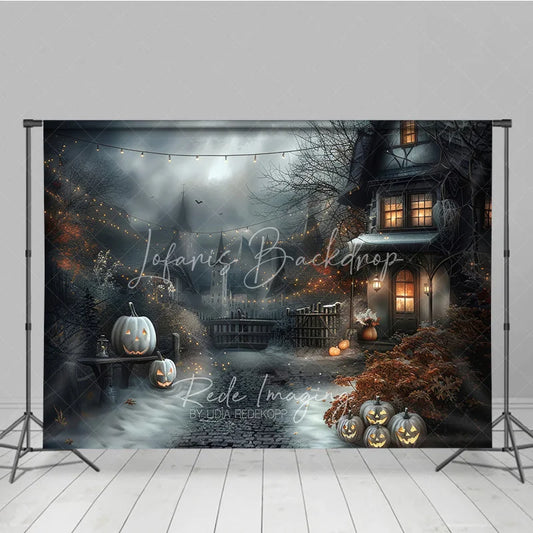 Lofaris Spooky Old House and Glowing Jack-o’-Lanterns Holiday Backdrop Enchanting Halloween Night Party Decor