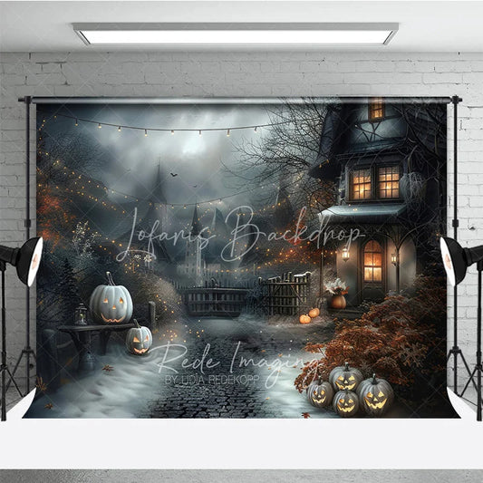 Lofaris Spooky Old House and Glowing Jack-o’-Lanterns Holiday Backdrop Enchanting Halloween Night Party Decor