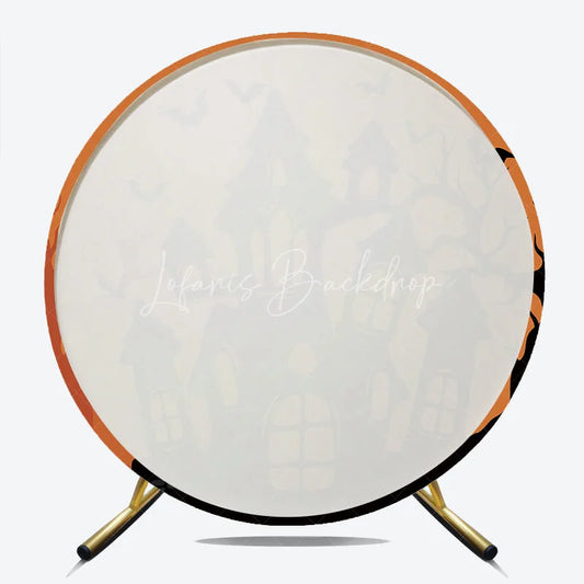 Lofaris Spooky Orange and Black Haunted House Round Backdrop with Flying Bats Eerie Halloween Party Decor