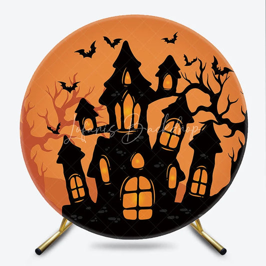 Lofaris Spooky Orange and Black Haunted House Round Backdrop with Flying Bats Eerie Halloween Party Decor