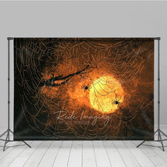 Lofaris Spooky Spiders on a Web Photography Backdrop Orange Sunset for Halloween Moody and Dark Photo Background