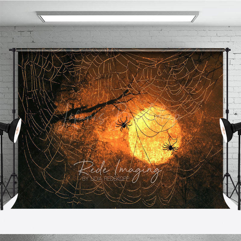 Lofaris Spooky Spiders on a Web Photography Backdrop Orange Sunset for Halloween Moody and Dark Photo Background
