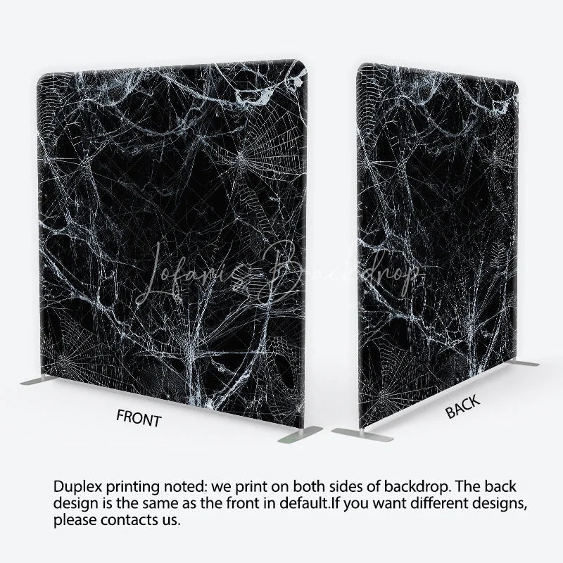Lofaris Spooky White Spider Web and Cobweb Square Double-Sided Backdrop Eerie Black Background for Halloween Party