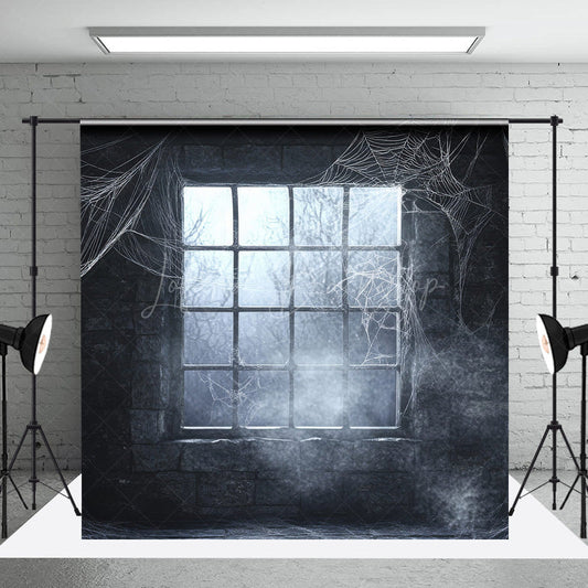 Lofaris Spooky Window with Cobwebs Photography Backdrop Haunted Stone Wall Fog Gothic Halloween Photo Shoots