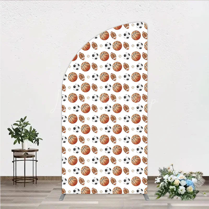 Lofaris Sports Balls Pattern Birthday Half Moon Arch Backdrop Basketball Football and Soccer All Star Party Background