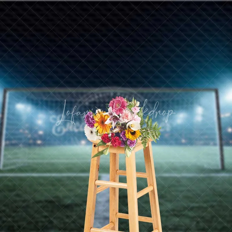 Lofaris Sports Soccer Field Goal Backdrop Night Stadium Lights Green Grass Photography Background for Party Decor
