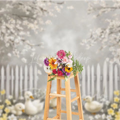 Lofaris Spring Blooming White Fence Backdrop Cute Ducks and Yellow Flowers Easter Photography Background for Party