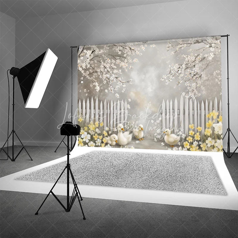 Lofaris Spring Blooming White Fence Backdrop Cute Ducks and Yellow Flowers Easter Photography Background for Party