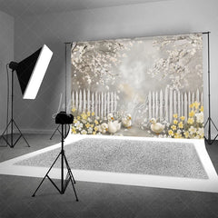 Lofaris Spring Blooming White Fence Backdrop Cute Ducks and Yellow Flowers Easter Photography Background for Party