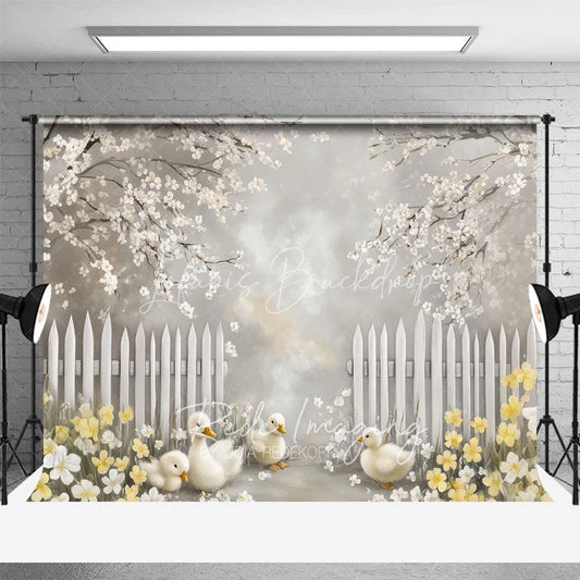 Lofaris Spring Blooming White Fence Backdrop Cute Ducks and Yellow Flowers Easter Photography Background for Party