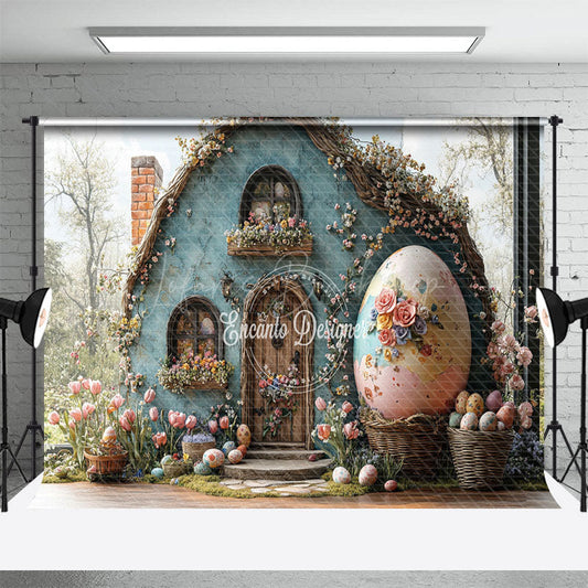 Lofaris Spring Blue Floral House Eggs Easter Photo Backdrop