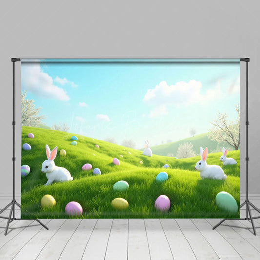 Lofaris Spring Blue Sky Hillside Eggs Rabbit Easter Backdrop