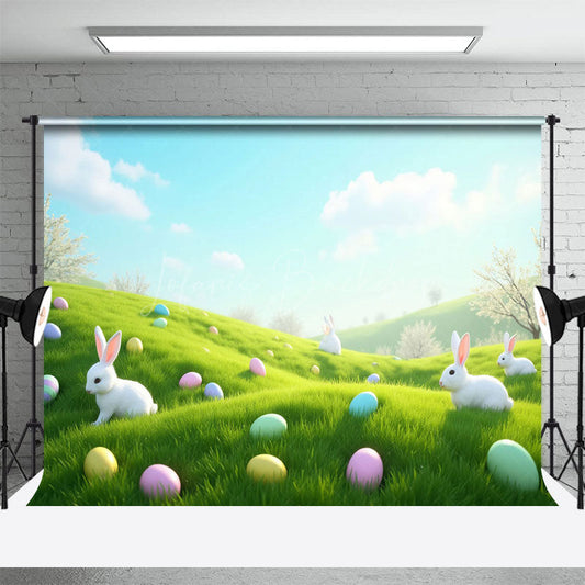 Lofaris Spring Blue Sky Hillside Eggs Rabbit Easter Backdrop