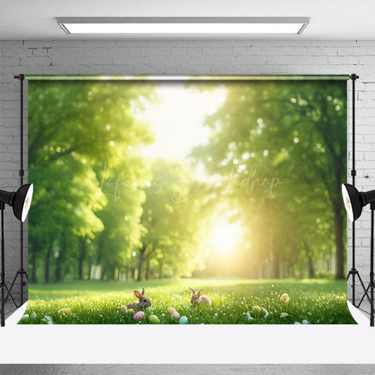 Lofaris Spring Blurry Green Forest Egg Rabbit Easter Backdrop